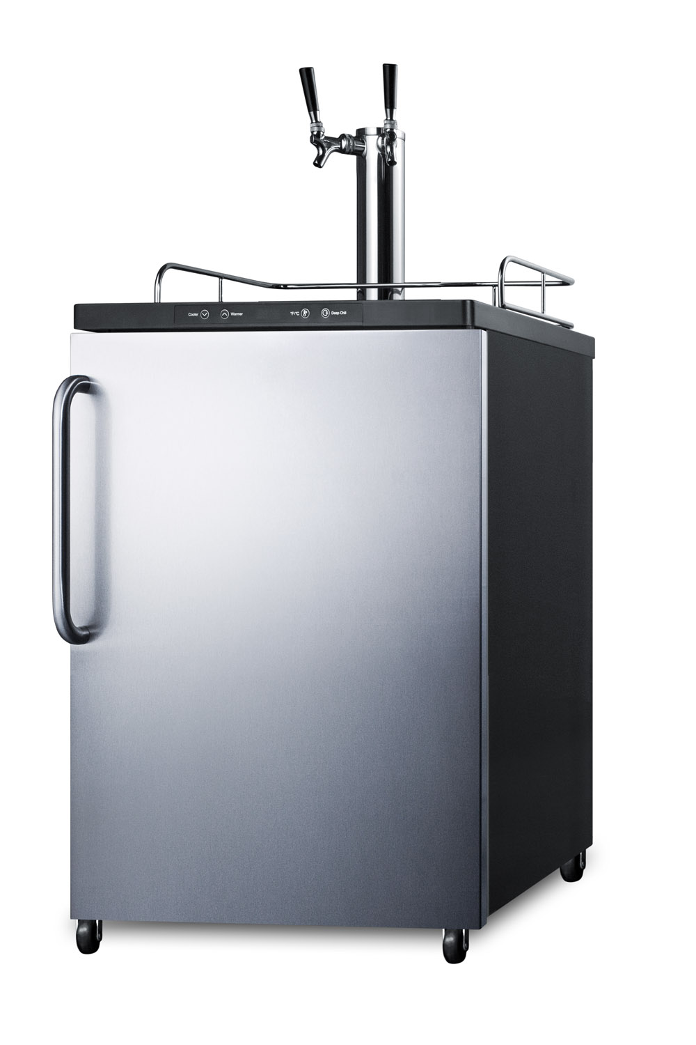 Freestanding residential beer dispenser, auto defrost with digital thermostat, stainless steel wrapped door, towel bar handle and black cabinet